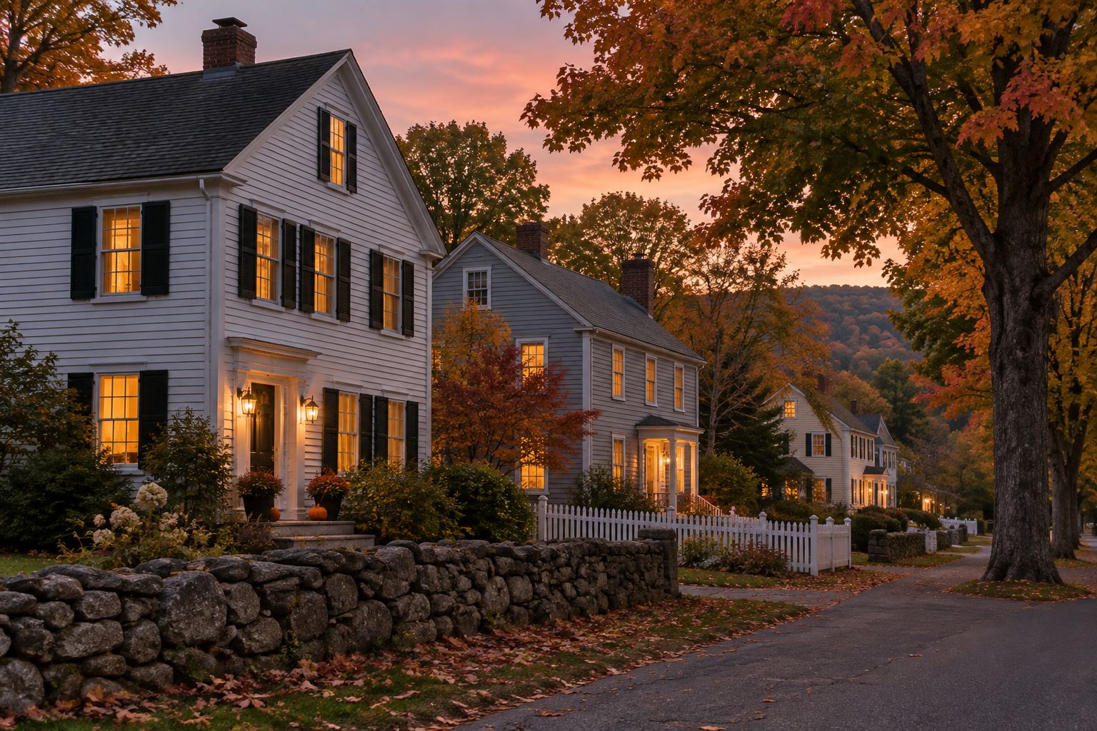 A Berkshires home at dusk, illustrative