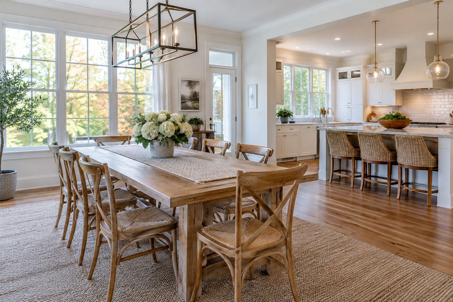 A bright dining room, illustrative